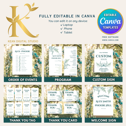 All In One Wedding Bundle Greenery Theme Wedding Invitation and Wedding Website with RSVP, 20 Wedding Templates Fully Editable in Canva