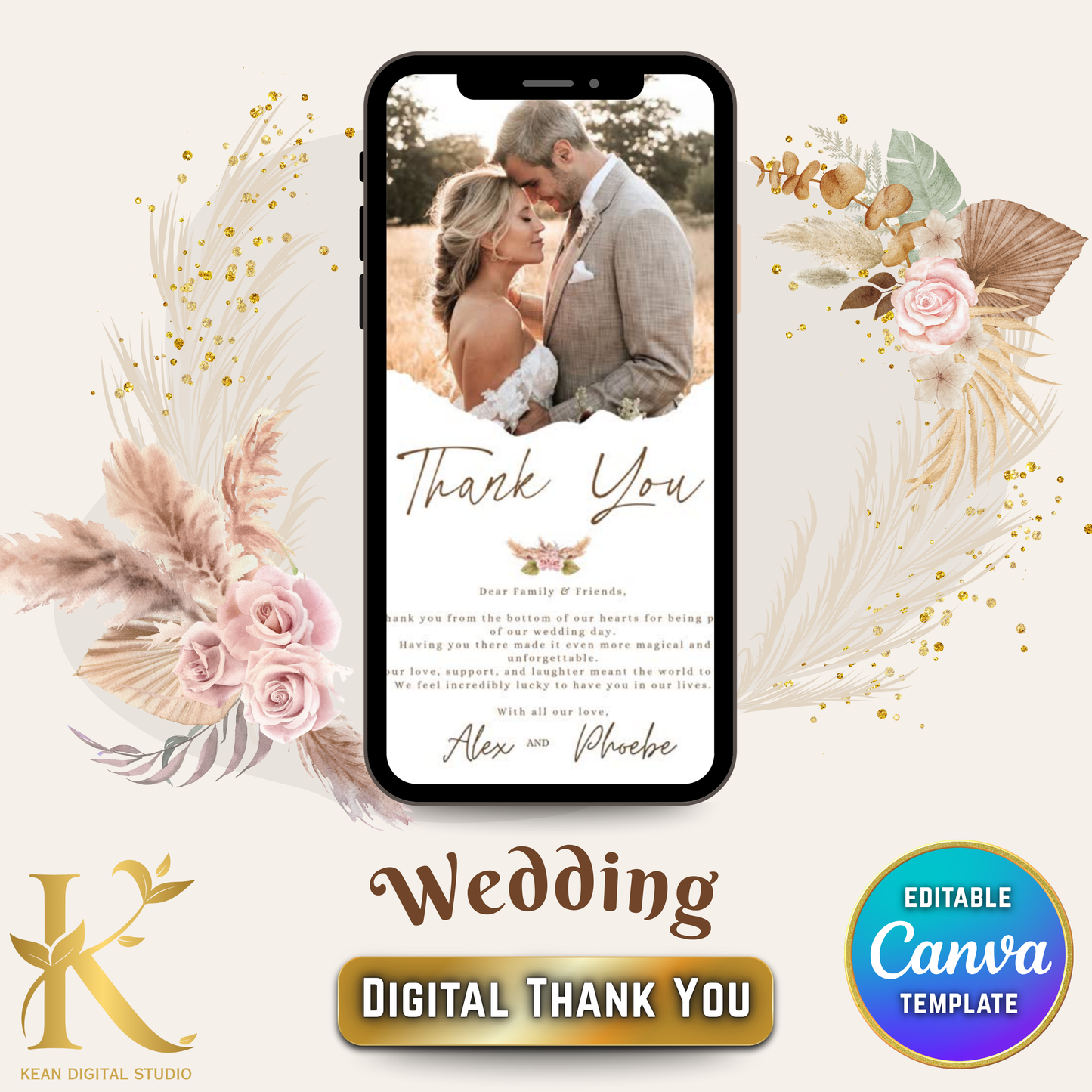 Wedding Digital Thank You Video Template, Fully Editable in Canva, Boho Theme