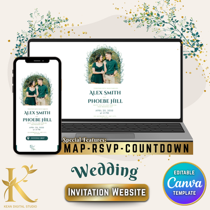 Wedding Invitation Website with RSVP and Countdown Timer, Fully Editable in Canva, Elegant Greenery Theme Wedding Template