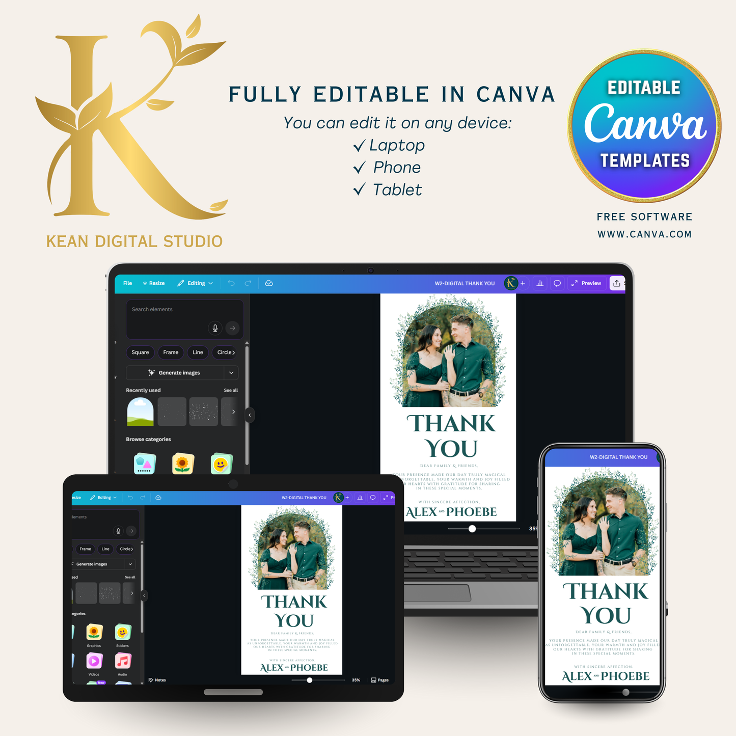 Wedding Digital Thank You Video Template, Fully Editable in Canva, Elegant Greenery Theme