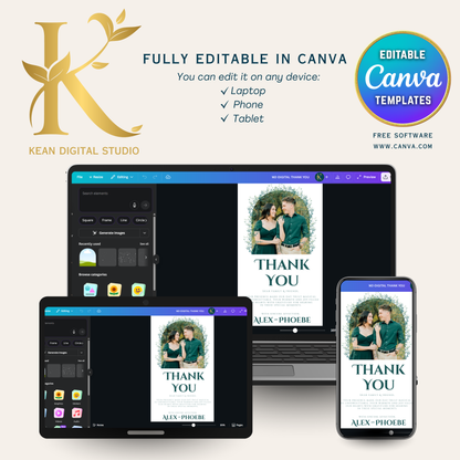 Wedding Digital Thank You Video Template, Fully Editable in Canva, Elegant Greenery Theme