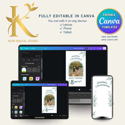 Wedding Daily Countdown Video Template, Fully Editable in Canva, Elegant Greenery Theme