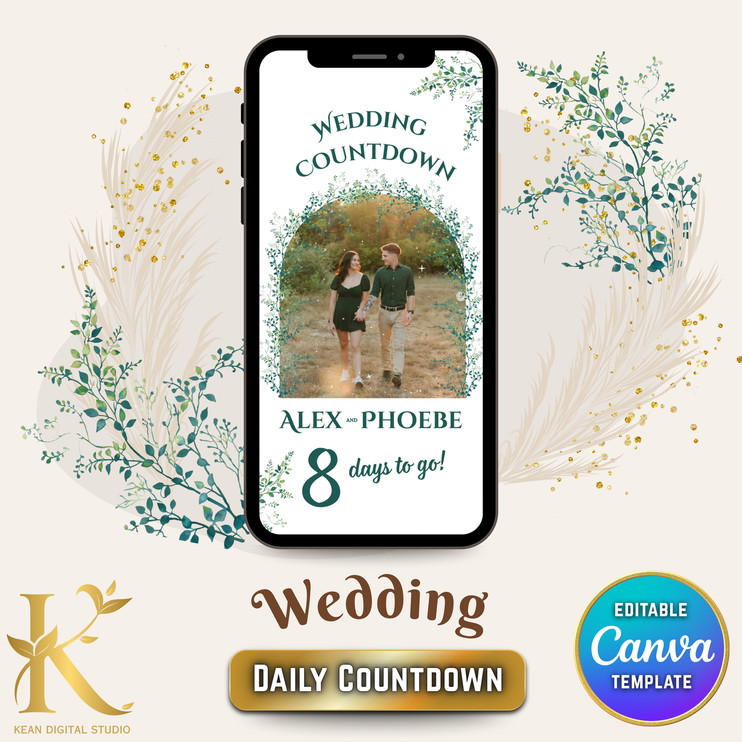 Wedding Daily Countdown Video Template, Fully Editable in Canva, Elegant Greenery Theme