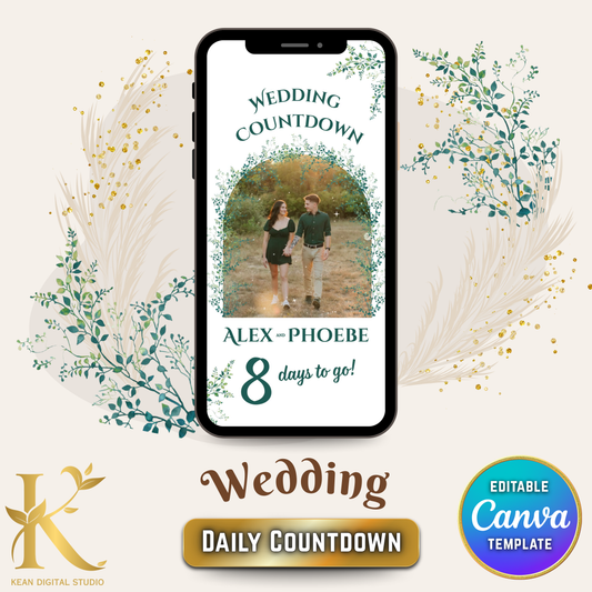 Wedding Daily Countdown Video Template, Fully Editable in Canva, Elegant Greenery Theme