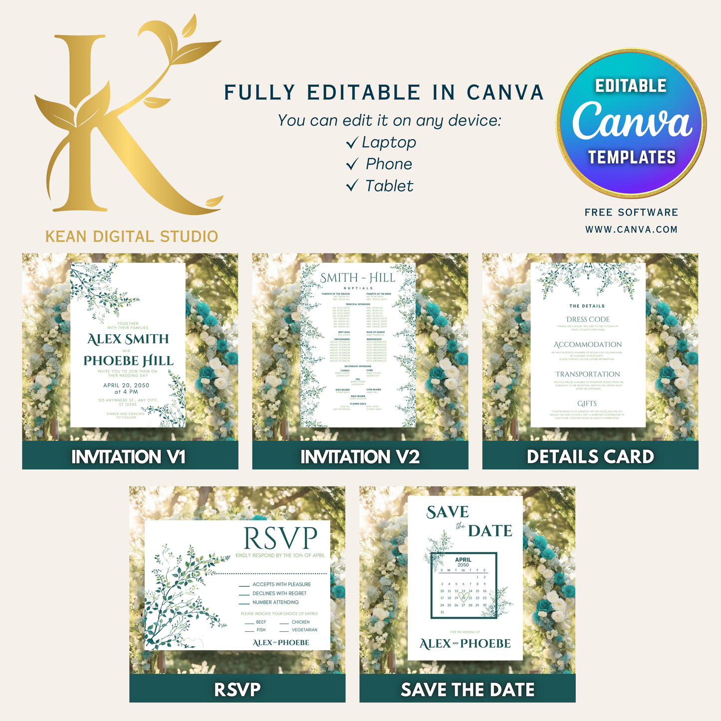 All In One Wedding Bundle Greenery Theme Wedding Invitation and Wedding Website with RSVP, 20 Wedding Templates Fully Editable in Canva