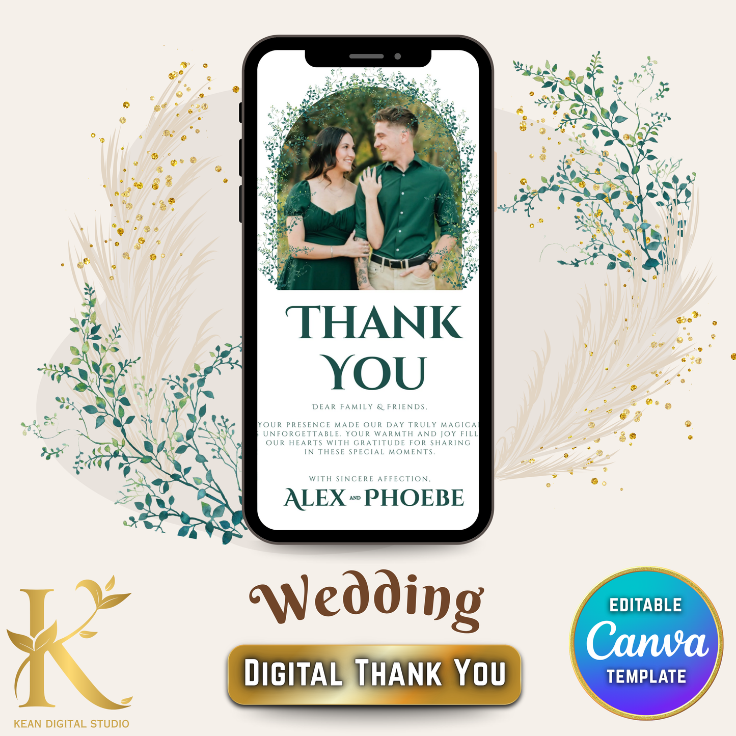 Wedding Digital Thank You Video Template, Fully Editable in Canva, Elegant Greenery Theme