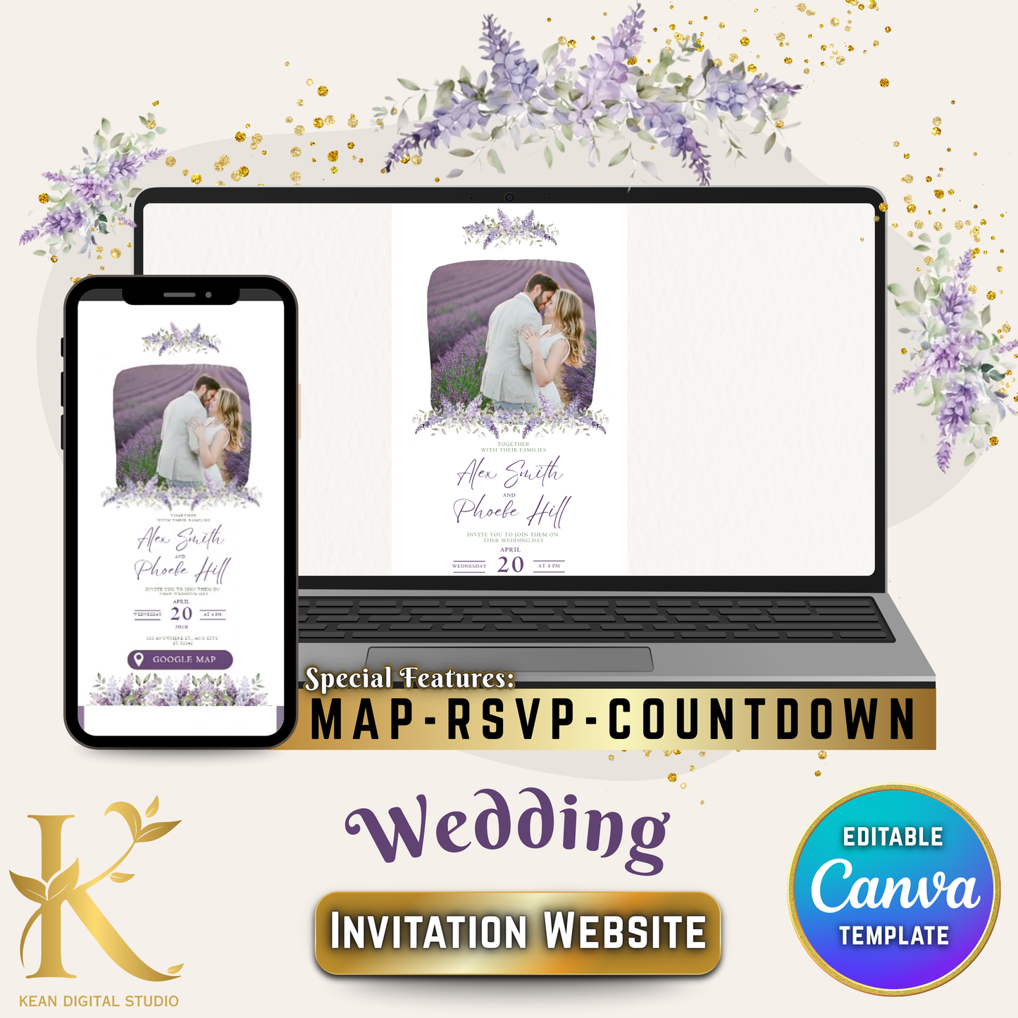 Wedding Invitation Website with RSVP + Google Map Link + Countdown Timer, Editable Canva Template, Lavender Purple Themed Wedding