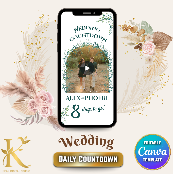 Wedding Daily Countdown Video Template, Fully Editable in Canva, Elegant Greenery Theme