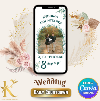 Wedding Daily Countdown Video Template, Fully Editable in Canva, Elegant Greenery Theme