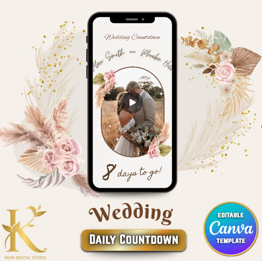 Wedding Daily Countdown Video Template, Fully Editable in Canva, Boho Theme