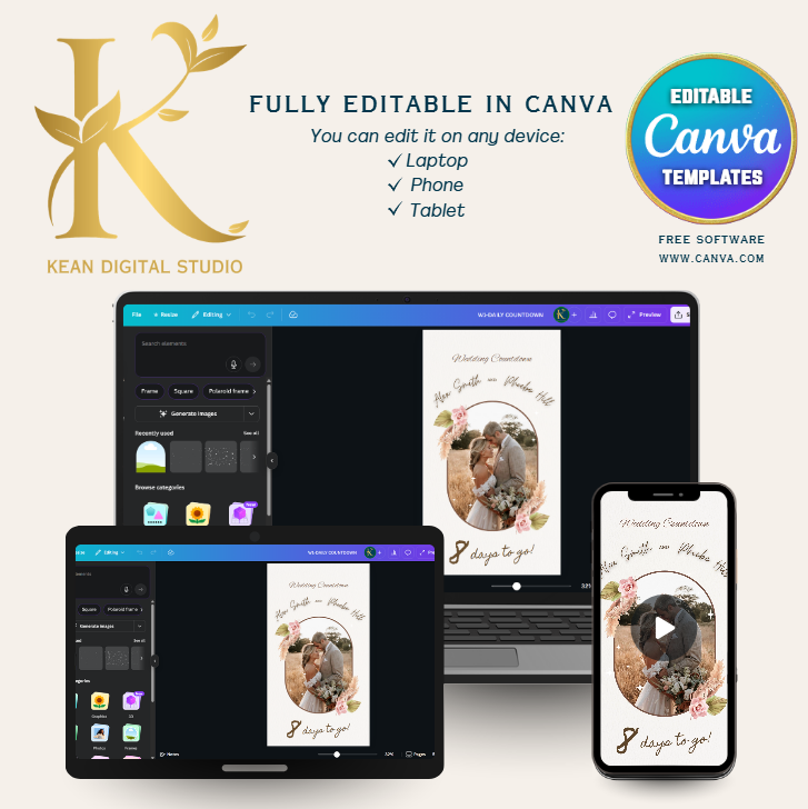 Wedding Daily Countdown Video Template, Fully Editable in Canva, Boho Theme