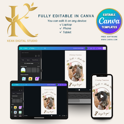 Wedding Daily Countdown Video Template, Fully Editable in Canva, Boho Theme