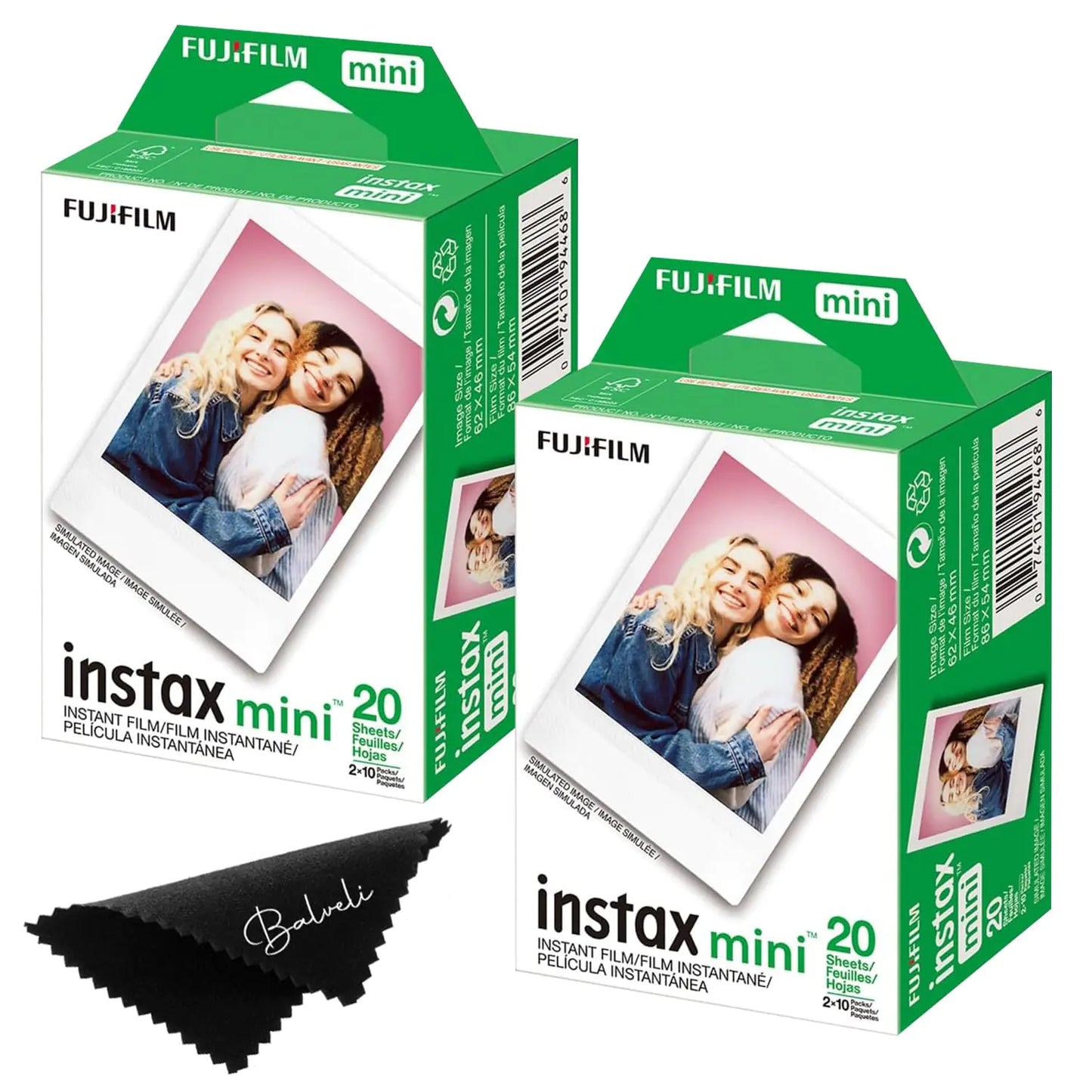 Fujifilm Instax Mini Film Two Instax Film Twin Packs - 40 EXP Total ISO 800 Compatible with Instax Mini Evo Instax Mini 12 Film Instax Mini 11 Film Mini 9-Balveli Cloth- Fuji Instant Film Mini.