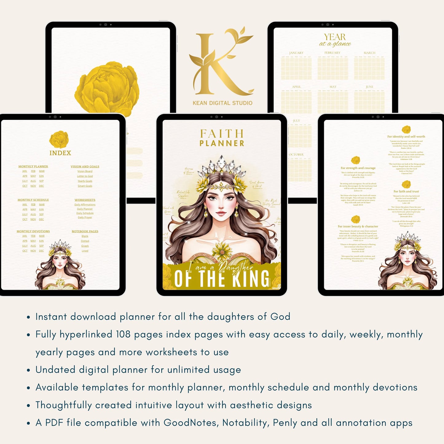 Christian Digital Planner for Women: Faith & Devotion (Undated) - Yellow Gold