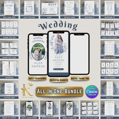 All In One Blue Willow Wedding Templates, Fully Editable Wedding Invitation plus Website Bundle, Daily Countdown and Digital Thank you Video