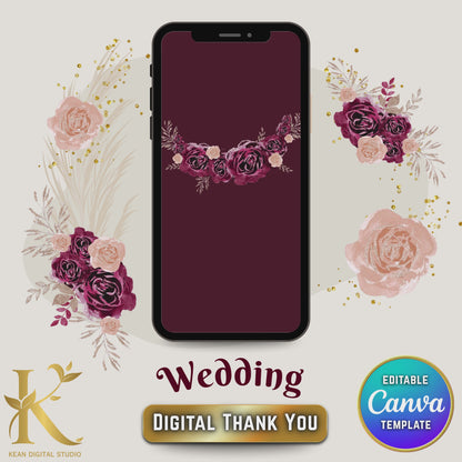 Wedding Digital Thank You Video Template, Fully Editable in Canva, Midnight Mulberry Theme, Burgundy Red Wedding