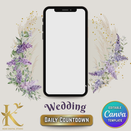 Wedding Daily Countdown Video Template, Fully Editable in Canva, Lavender Purple Themed