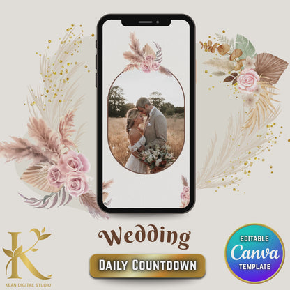 Wedding Daily Countdown Video Template, Fully Editable in Canva, Boho Theme