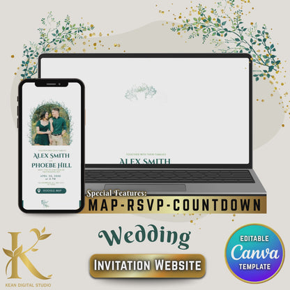 Wedding Invitation Website with RSVP and Countdown Timer, Fully Editable in Canva, Elegant Greenery Theme Wedding Template