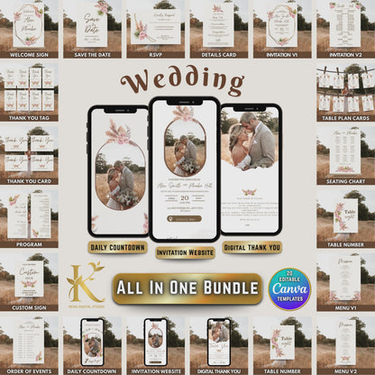 All In One Wedding Bundle Boho Theme Wedding Invitation and Wedding Website with RSVP, 20 Wedding Templates Fully Editable in Canva