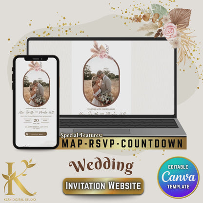 Wedding Invitation Website with RSVP and Countdown Timer, Fully Editable in Canva, Boho Theme