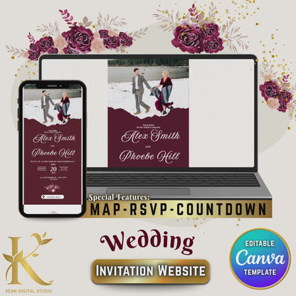 Midnight Mulberry Wedding Invitation Website, Burgundy Red Editable Canva Template