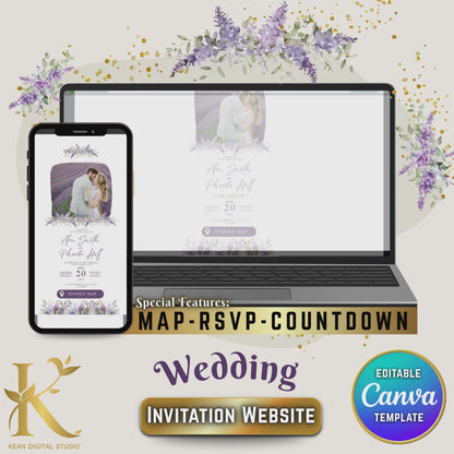 Wedding Invitation Website with RSVP + Google Map Link + Countdown Timer, Editable Canva Template, Lavender Purple Themed Wedding