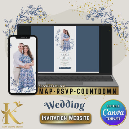 Blue Willow Wedding Invitation Website, Editable Canva Templates