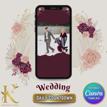 Wedding Daily Countdown Video Template, Fully Editable in Canva, Midnight Mulberry Themed, Burgundy Red Wedding