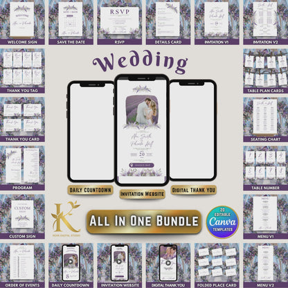 All In One Lavender Purple Wedding Invitation + Website Bundle, Canva Editable Templates, Lavender Themed Wedding, Purple Wedding Invitation