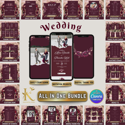All In One Midnight Mulberry Wedding Templates, Fully Editable Burgundy Red Wedding Invitation + Website Bundle, Daily Countdown & Digital Thank you