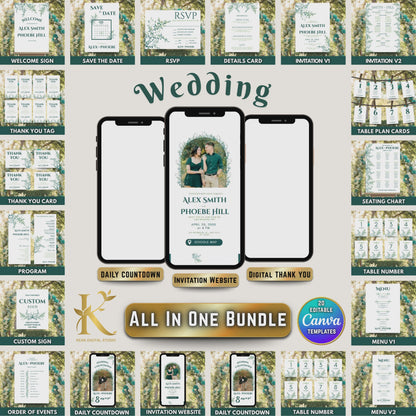 All In One Wedding Bundle Greenery Theme Wedding Invitation and Wedding Website with RSVP, 20 Wedding Templates Fully Editable in Canva